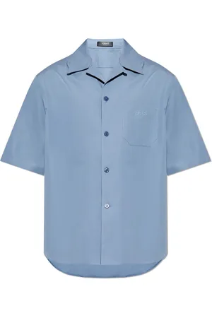 VERSACE Overhemden, Heren, Blauw, L, Katoen, Kortemouwenshirt