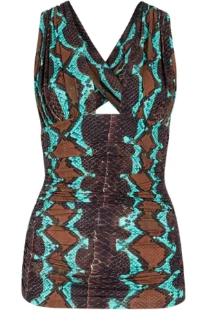 Roberto Cavalli Tops, Dames, Veelkleurig, S, Mouwloze Top met Snakeskin-print V-hals Bodycon Fit