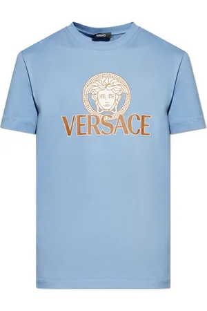 VERSACE Tops, Heren, Blauw, L, Katoen, T-shirt met bedrukt logo