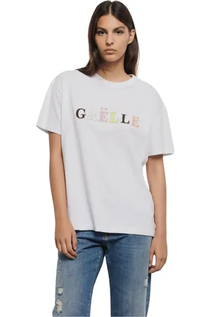 GAËLLE Tops, Dames, Wit, M, Katoen, Geborduurde Jersey Ronde Hals T-shirt