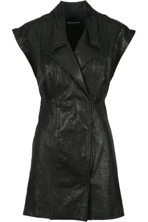 Dondup Jassen, Dames, Zwart, S, Leren Korte Jurk met Dubbele Knoopsluiting