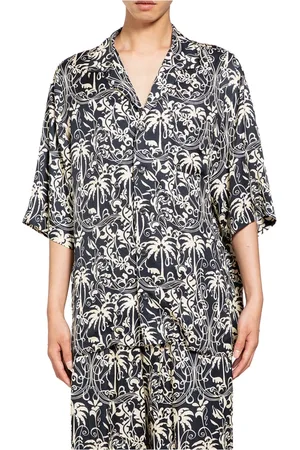 LANEUS Overhemden, Heren, Zwart, S, Satijn, Bloemenprint Satijnen Shirt