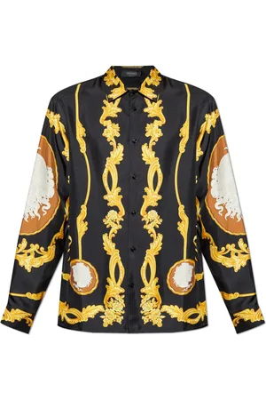 VERSACE Overhemden, Heren, Zwart, M, Zijden shirt met Medusa Cameo-print