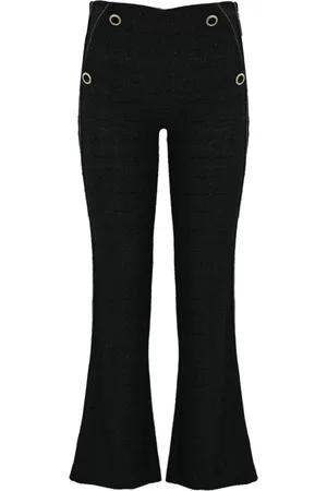 SIMONA CORSELLINI Broeken, Dames, Zwart, L, Leer, Zwarte tweedbroek met imitatieleer details