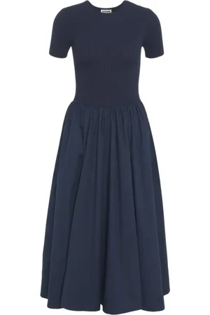 Staud Kleedjes, Dames, Blauw, M, Blauwe Flared Midi Jurk met Geribbelde Textuur