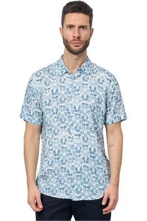 Guess Overhemden, Heren, Blauw, S, Blauw Geometrisch Abstract Kortemouw Overhemd