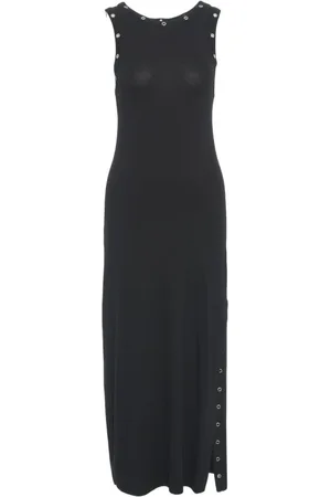 THOM KROM Kleedjes, Dames, Zwart, S, Zwarte Midi Jurk met Metalen Eyelets