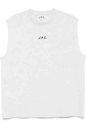 A.P.C. Tops, Heren, Grijs, L, Heather Grey Logo Print Sleeveless T-shirt