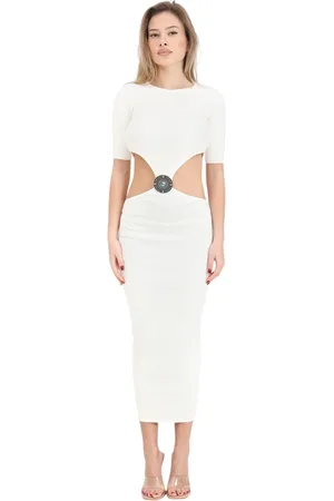 AKEP Kleedjes, Dames, Wit, M, Crème Cut-Out Midi Jurk met Texaanse Gesp