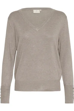 Kaffe Truien, Dames, Grijs, XL, V-hals Gebreide Trui met Knoopdetails