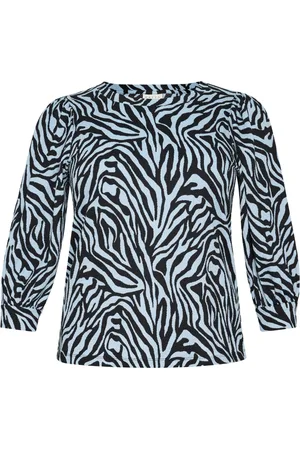 Kaffe Blouses & Shirts, Dames, Blauw, L, Blauw/zwart grafisch T-shirt met pofmouwen