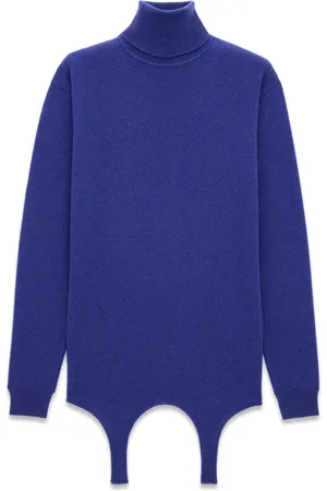 Saint Laurent Truien, Dames, Blauw, M, Kasjmier, Blauwe Geribbelde Cashmere Trui