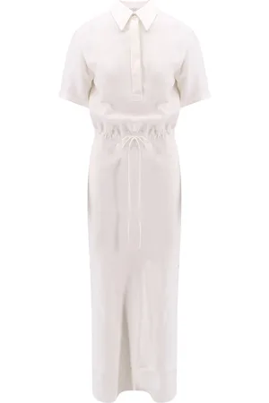 Brunello Cucinelli Kleedjes, Dames, Wit, M, Linnen, Witte Midi Jurk met Knoopsluiting