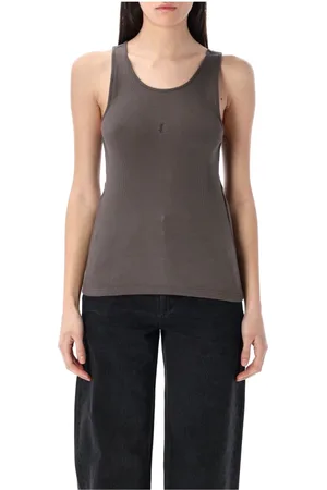 Saint Laurent Tops, Dames, Grijs, M, Katoen, Geribbeld Katoenen Tanktop Antraciet