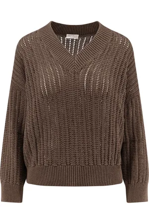 Brunello Cucinelli Truien, Dames, Bruin, L, Katoen, Bruine Sweaters met V-hals Detail