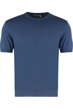 CANALI Tops, Heren, Blauw, M, Katoen, Geribbelde Katoenen Korte Mouw Trui