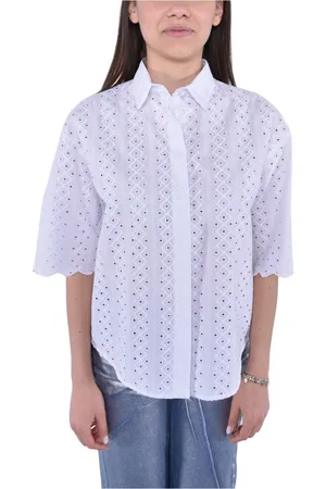 MVP Wardrobe Blouses & Shirts, Dames, Wit, 2Xs, Katoen, Kanten Oversized Shirt met Halve Mouwen