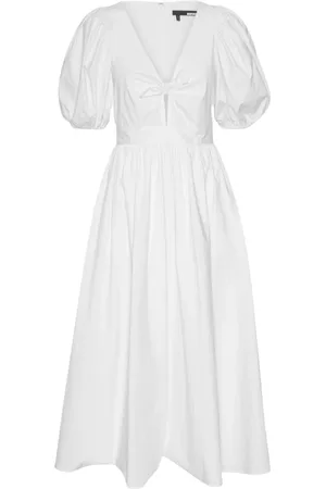ROTATE Kleedjes, Dames, Wit, M, Elegante Midi Jurk met Pofmouwen