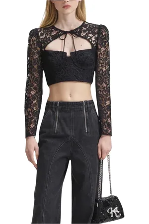 Self-Portrait Tops, Dames, Zwart, M, Katoen, Top met Lange Mouwen