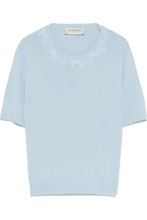 ERMANNO SCERVINO Tops, Dames, Blauw, XS, Polyester, Blauw Bloemenborduurwerk T-shirt