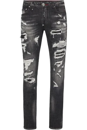 Philipp Plein Jeans, Heren, Zwart, W36, Slim Fit Gebruikte Effect Jeans