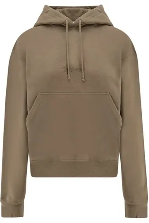 Saint Laurent Sweatshirts & Hoodies, Dames, Bruin, S, Katoen, Khaki Geborduurde Hoodie met Kangoeroezak