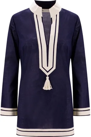 Tory Burch Kleedjes, Dames, Blauw, M, Katoen, Blauwe V-hals Jurk met Kwast Detail