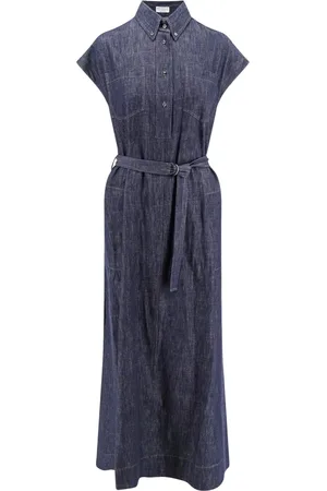 Brunello Cucinelli Kleedjes, Dames, Blauw, L, Katoen, Blauwe Jurk met Knoopsluiting
