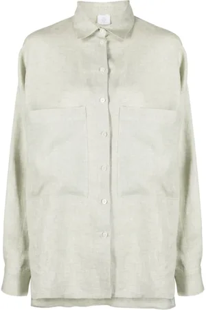 ELEVENTY Blouses & Shirts, Dames, Groen, M, Linnen, Elegante Overhemd met Zakken