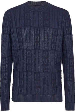 Fendi Truien, Heren, Blauw, XL, Wol, Blauwe Geribbelde Trui Regular Fit Italië