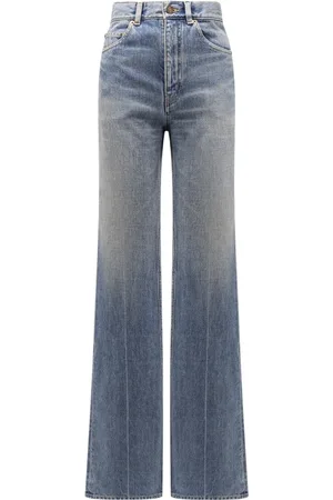 Saint Laurent Jeans, Dames, Blauw, W29, Katoen, Blauwe High-Waist Jeans met Leren Logo