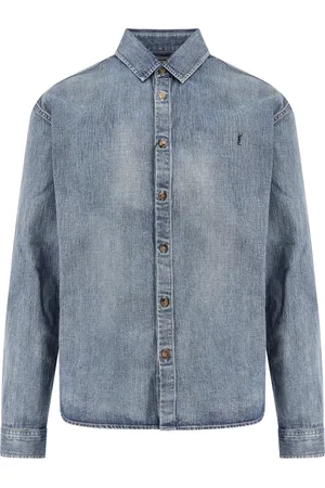 Saint Laurent Overhemden, Heren, Blauw, XL, Katoen, Blauw Logo Geborduurd Overhemd