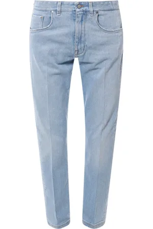 Fendi Jeans, Heren, Blauw, W33, Katoen, Blauwe Jeans met Leren Patch