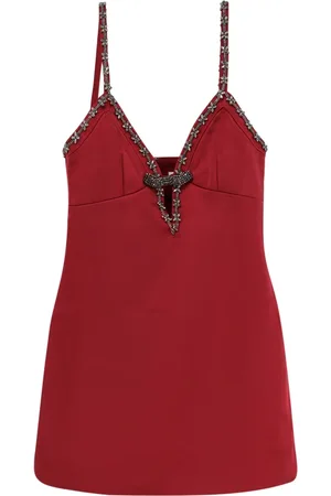 Self-Portrait Kleedjes, Dames, Rood, S, Polyester, Bordeaux V-hals Jurk met Strass Detail