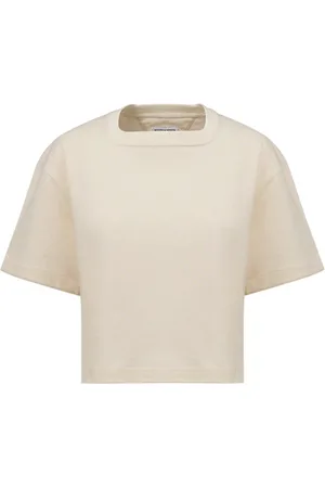 Bottega Veneta Tops, Dames, Wit, L, Katoen, Korte Mouw Cropped T-shirt Vierkante Hals