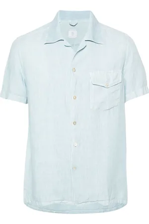 ELEVENTY Overhemden, Heren, Blauw, S, Linnen, Blauw Linnen Kortemouw Overhemd