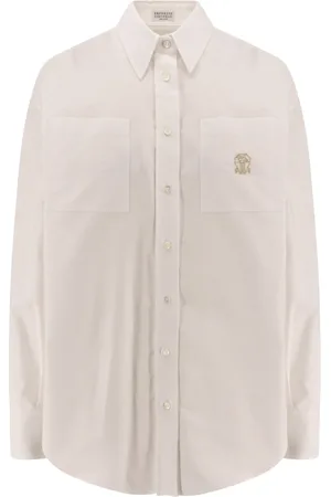 Brunello Cucinelli Blouses & Shirts, Dames, Wit, L, Katoen, Wit Overhemd met Moeder van Parel Knopen