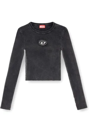 Diesel Tops, Dames, Zwart, M, Katoen, Zwarte Polo Lange Mouw Metalen Logo