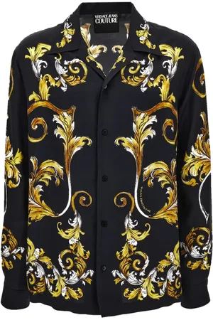 VERSACE Overhemden, Heren, Veelkleurig, XL, Zwarte Camp Kraag Overhemd Lange Mouwen