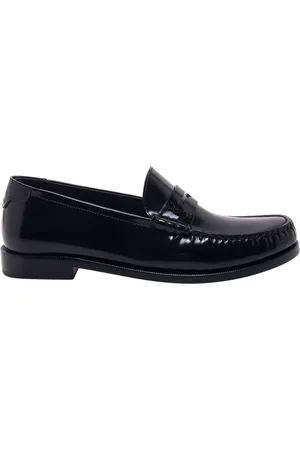 Saint Laurent Schoenen, Heren, Zwart, 43 1/2 EU, Leer, Platte Zwarte Schoenen Metalen Monogram Italië