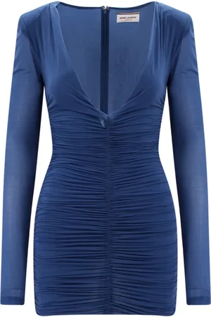 Saint Laurent Kleedjes, Dames, Blauw, S, Blauwe V-hals jurk gemaakt in Italië