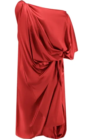 DRIES VAN NOTEN Kleedjes, Dames, Rood, M, Rode Zijden Gedrapeerde Jurk