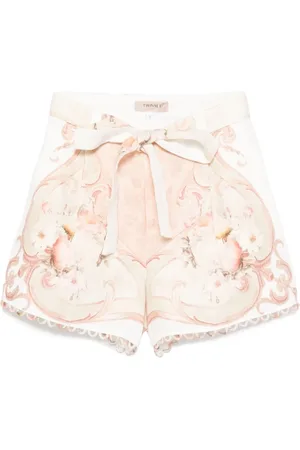Twin-Set Korte broeken, Dames, Groen, 2Xs, Katoen, Beige Print Shorts met Scallop Hem