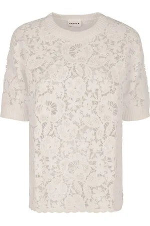 P.A.R.O.S.H. Blouses & Shirts, Dames, Wit, M, Katoen, Kanten blouse van katoen met geribbelde randen