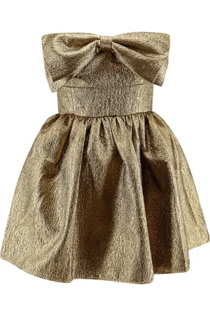 Self-Portrait Kleedjes, Dames, Geel, L, Leer, Gouden Bustier Jurk met Strik Detail