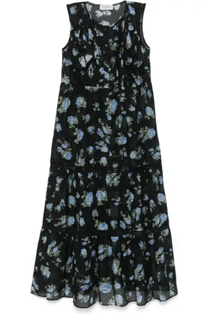 ERMANNO SCERVINO Kleedjes, Dames, Zwart, S, Katoen, Bloemenprint Mouwloze Ruche Jurk
