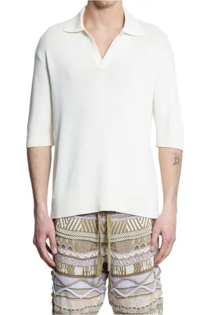LANEUS Tops, Heren, Wit, XL, Katoen, Crème Gebreide Polo V-Hals Trui