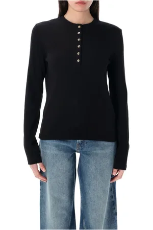 ANINE BING Truien, Dames, Zwart, S, Katoen, Zwart Geribbeld T-shirt met Gouden Knopen