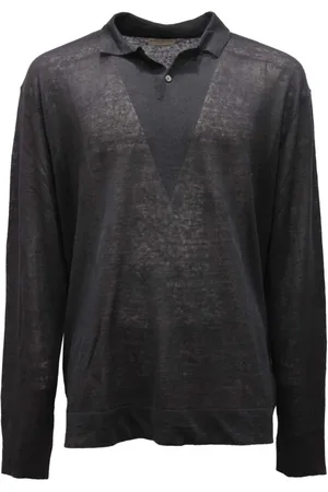 BALLANTYNE Truien, Heren, Zwart, M, Linnen, Zwarte Polo Hals Linnen Shirt
