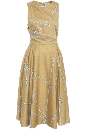 Elisabetta Franchi Kleedjes, Dames, Geel, S, Katoen, Midi jurk met print en geplooide rok